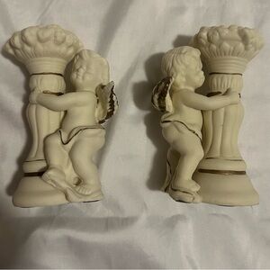 Vintage Matte Ceramic Cherub Candlestick Holders With Gold Accents Set Of 2
